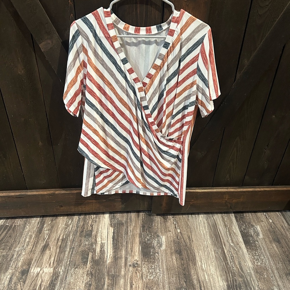 Striped Short Sleeve Wrap Top in Rust, Navy & Cream